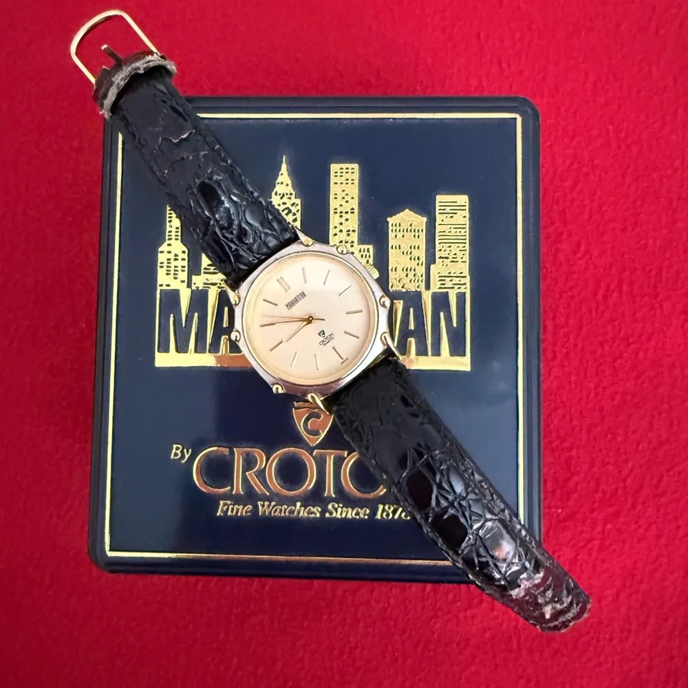 Manhattan Croton Gold Dial with Black Strap Watch and original case